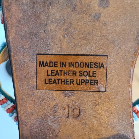 Indonesia Blue Colored Beaded Women Thong Leather Low Heel Sandal Size 10 - Picture 5 of 7